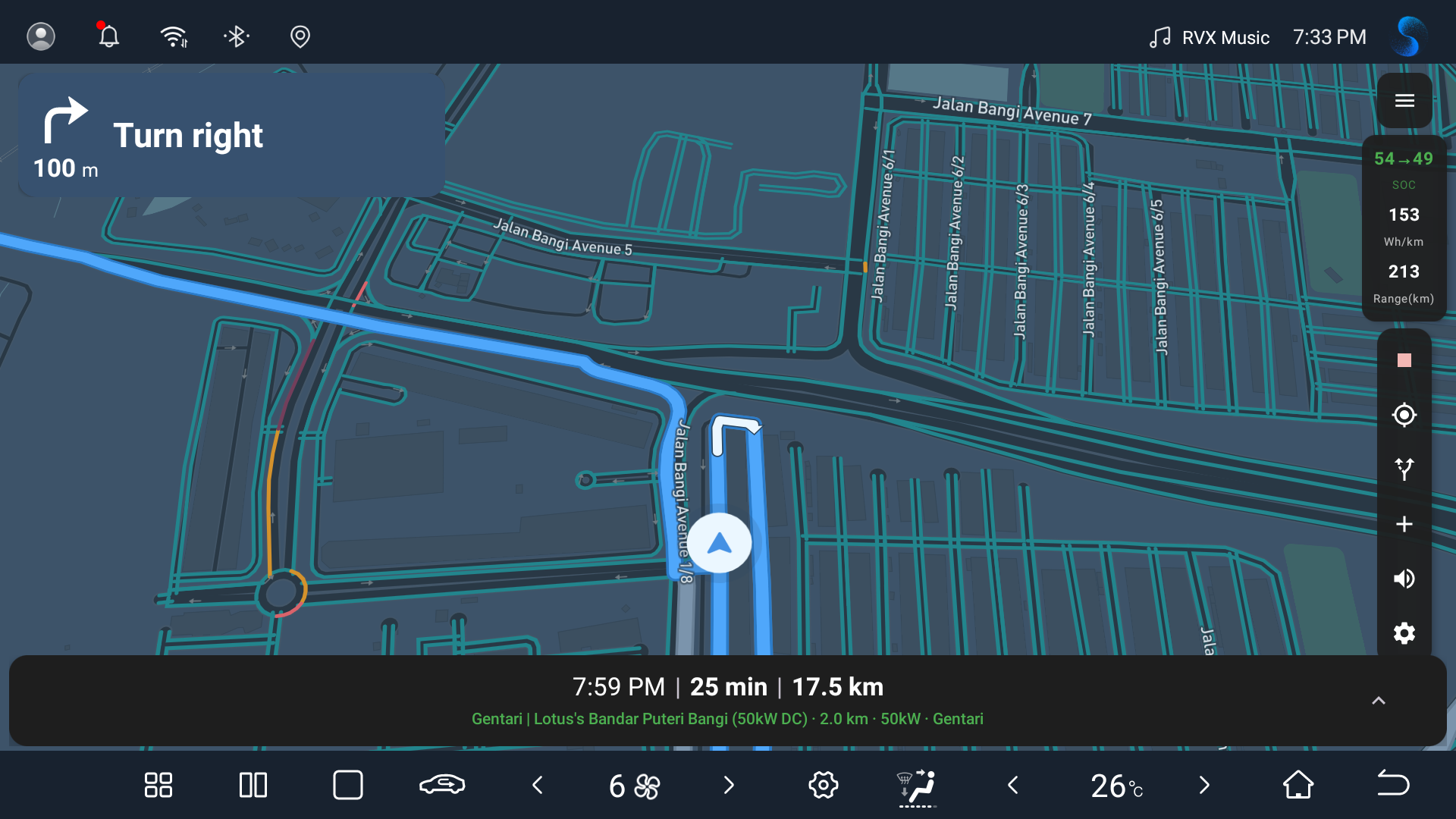 EV Navigator in navigation mode — turn-by-turn with live battery