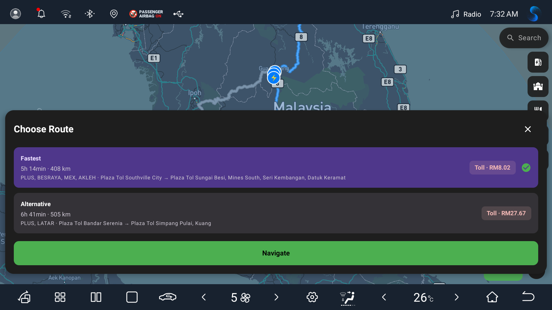 Reviewing a planned trip — route, chargers and arrival battery